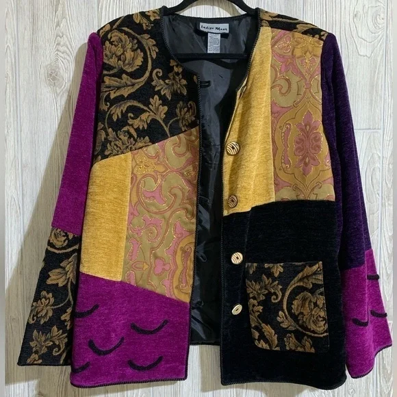 Vintage Patchwork Indigo Moon Artsy Art to Wear Blazer Jacket Size Large - Picture 8 of 11